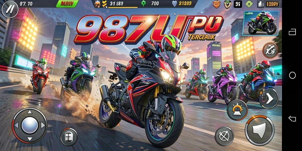 Tampilan gameplay <strong>987UP</strong> yang mendebarkan dan penuh aksi balapan motor.