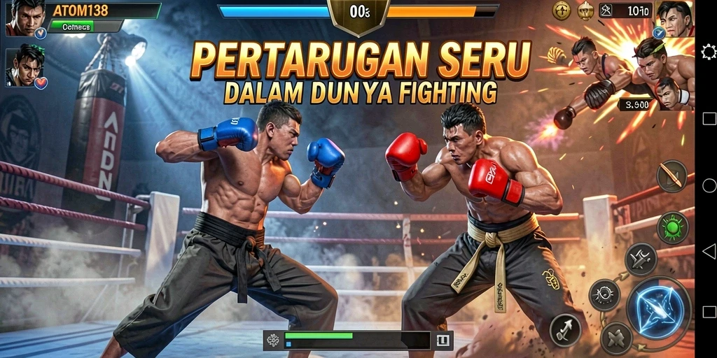 Tampilan utama ATOM138 dengan pertarungan yang seru dan karakter beragam.