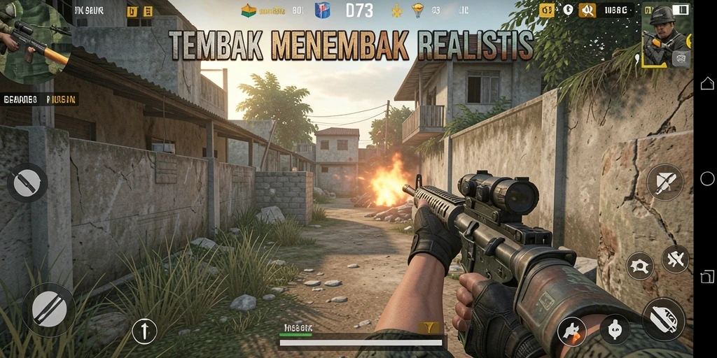 Screenshot D73 menampilkan pertarungan intens dalam permainan FPS.