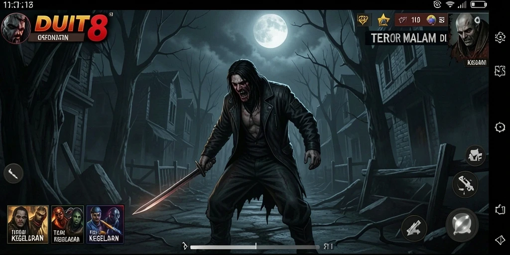 Tampilan gameplay <strong>DUIT8</strong> yang menyeramkan dengan suasana kegelapan.
