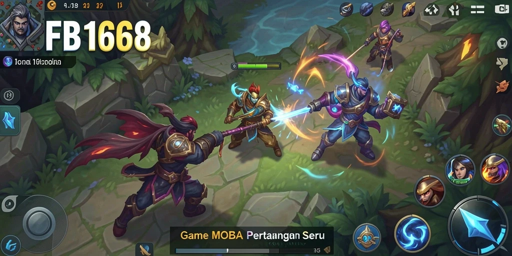 Tampilan screenshot menunjukkan aksi pertarungan seru dalam game MOBA.