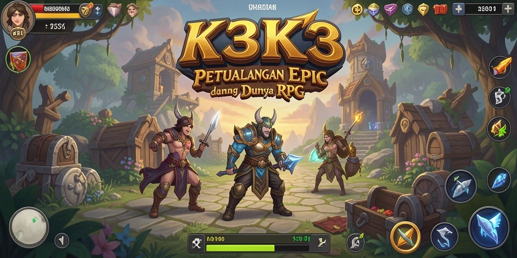 Screenshot K3K3 menampilkan karakter dalam pertempuran epik di dunia RPG.
