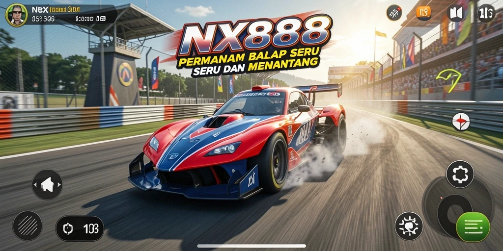 Screenshot utama NX888 menampilkan aksi balap mendebarkan di lintasan.