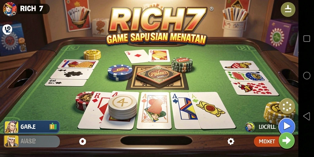 Screenshot utama RICH7 menampilkan gameplay seru Gaple dengan kartu dan interaksi pemain.